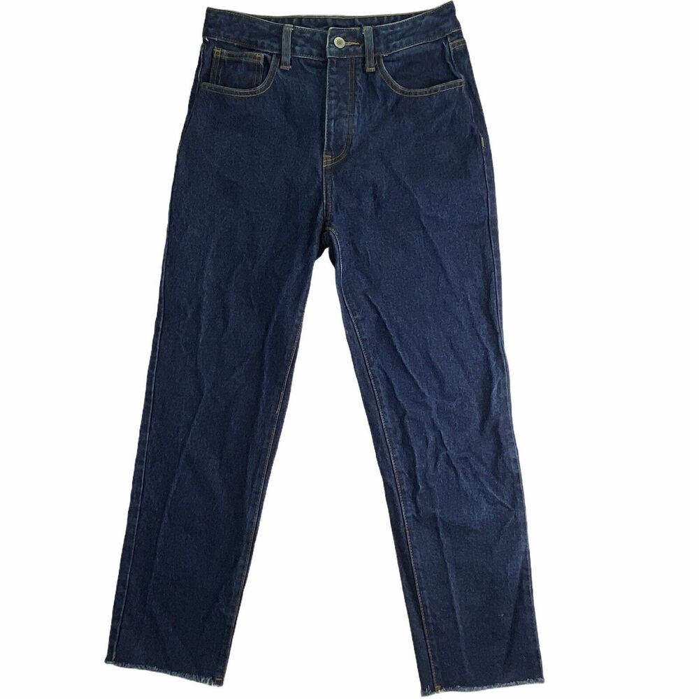 J Galt Mom Jeans Womens Sz L Button Fly High Waist Dark Wash RR005-YR01 Raw Hem‎